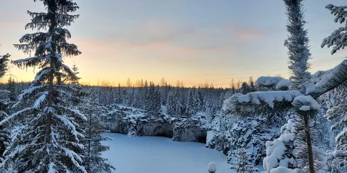 Marble kanyon in Ruskeala, Karelia in winter, Russia
